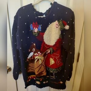 EUC Vintage Women's Navy Blue Ugly Christmas Sweater With Jingle Bells